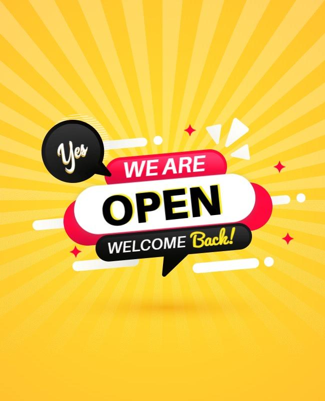 Bright Yellow Open Welcome Back Business Announcement Poster Template