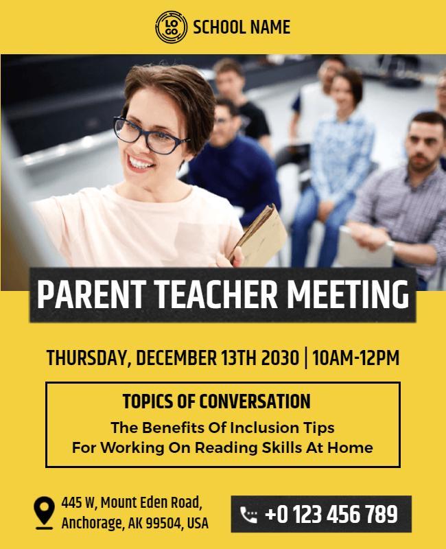 Bright Yellow Parent Teacher Meeting with Discussion Topics Poster Template