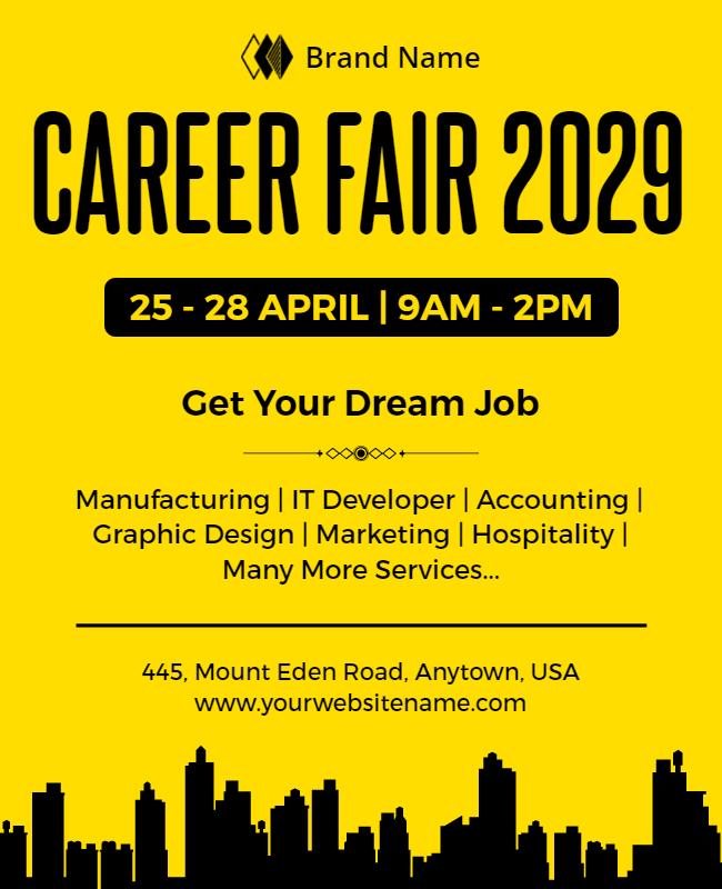 Bright Yellow Professional Career Fair Recruitment Flyer Template