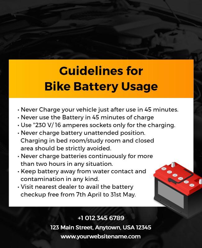 Bright Yellow Safety Guidelines for Bike Battery Usage Poster Template