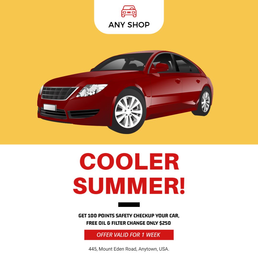 Bright Yellow Summer Car Safety Check Promotion Ad Template