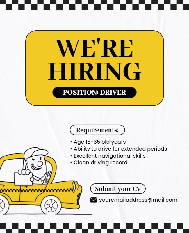 Bright Yellow Taxi Driver Job Hiring Announcement Poster Template