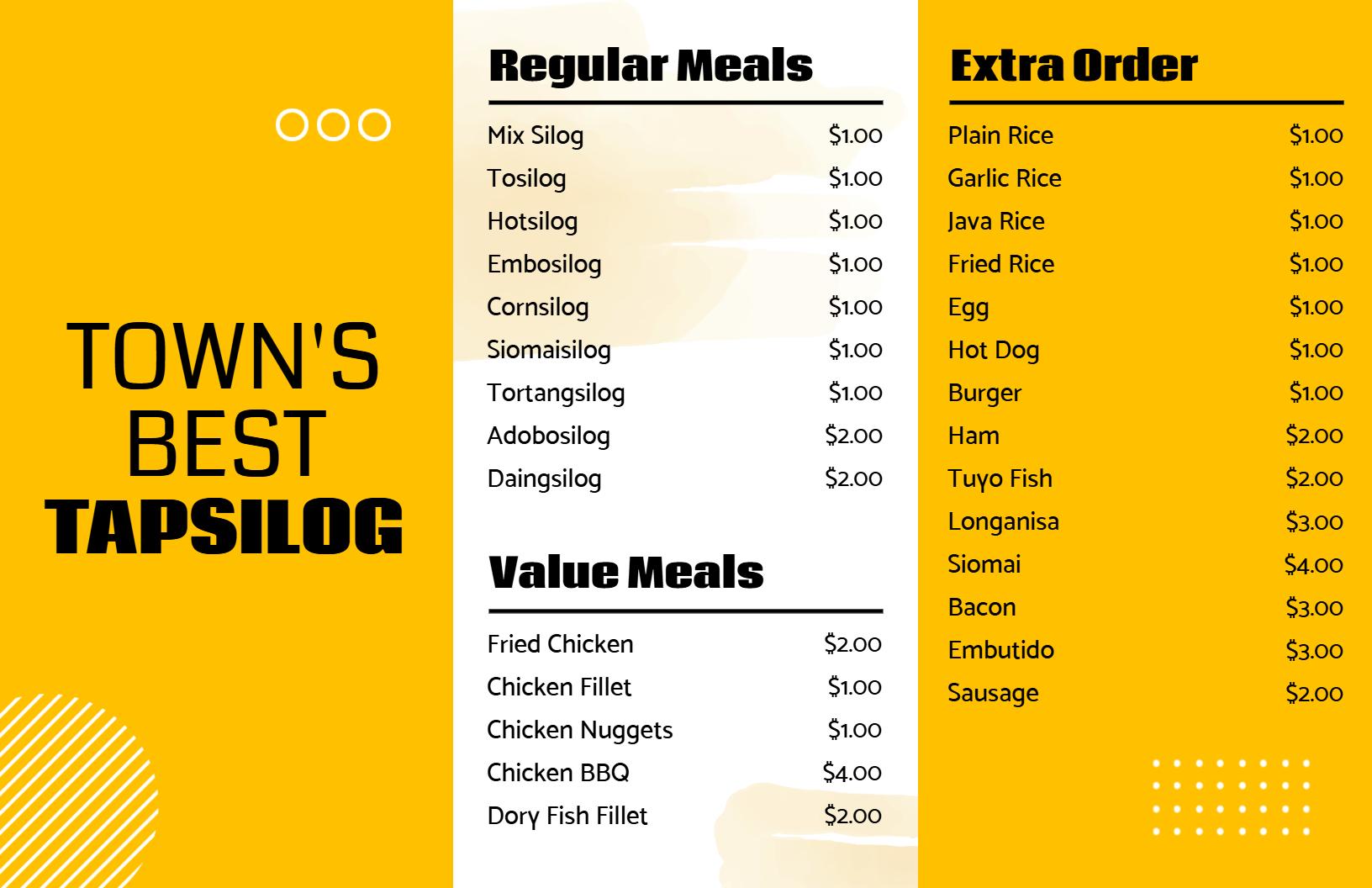 Bright Yellow Themed Classic Tapsilog Menu Template