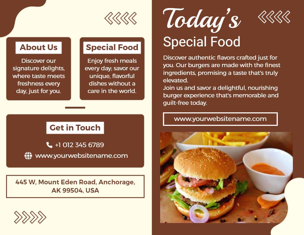Brown Gourmet Burger Special Food Bi Fold Brochure Template