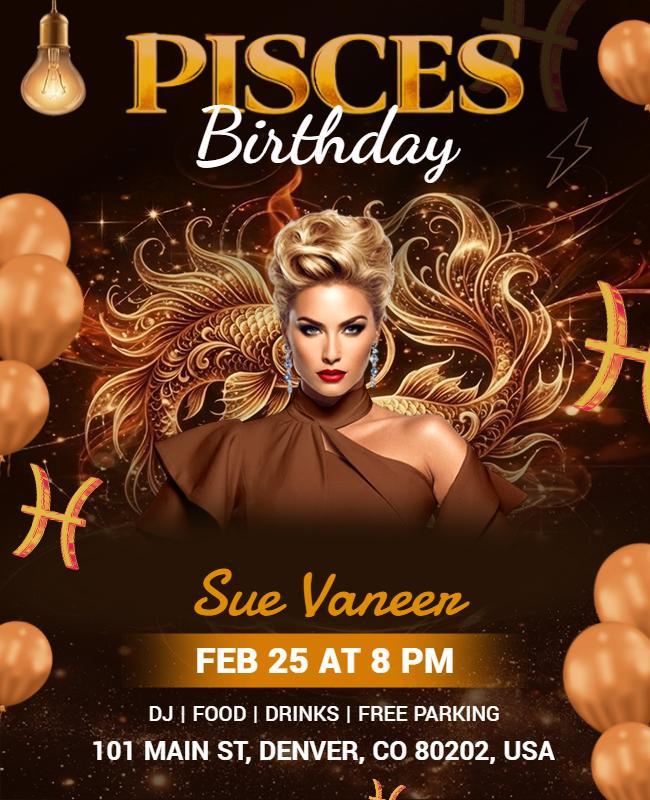 Brown Pisces Birthday Party Event Flyer Template