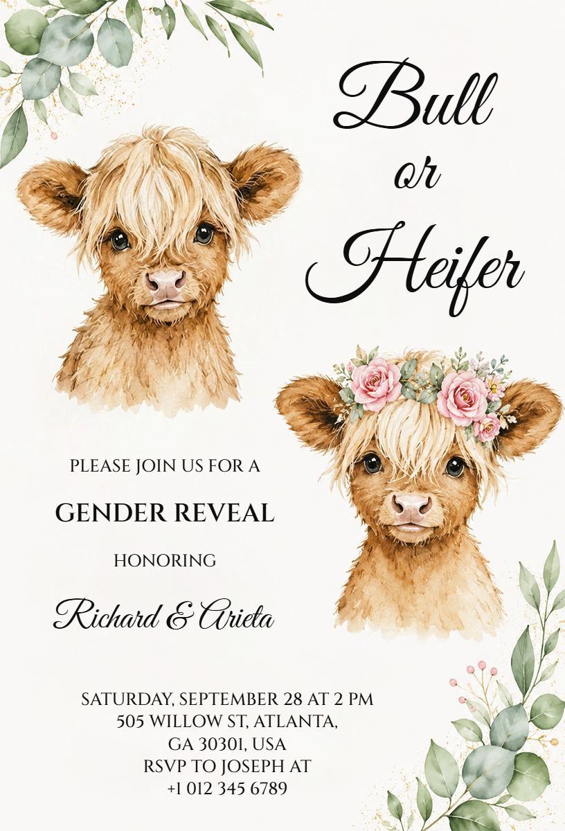 Bull or Heifer Rustic Gender Reveal Celebration Invitation Template