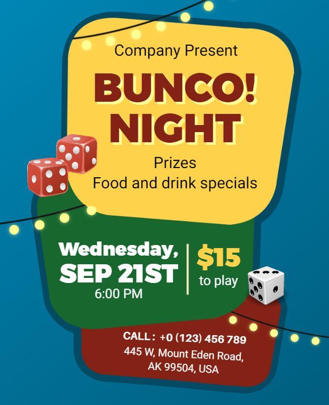 Bunco Night Event Flyer with Prizes and Specials Template