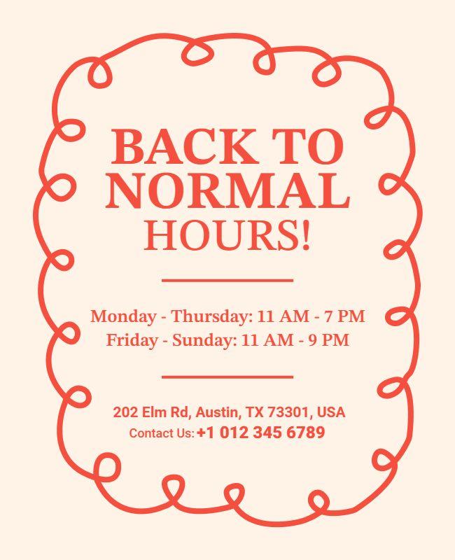 Business Back to Normal Hours Announcement Flyer Template