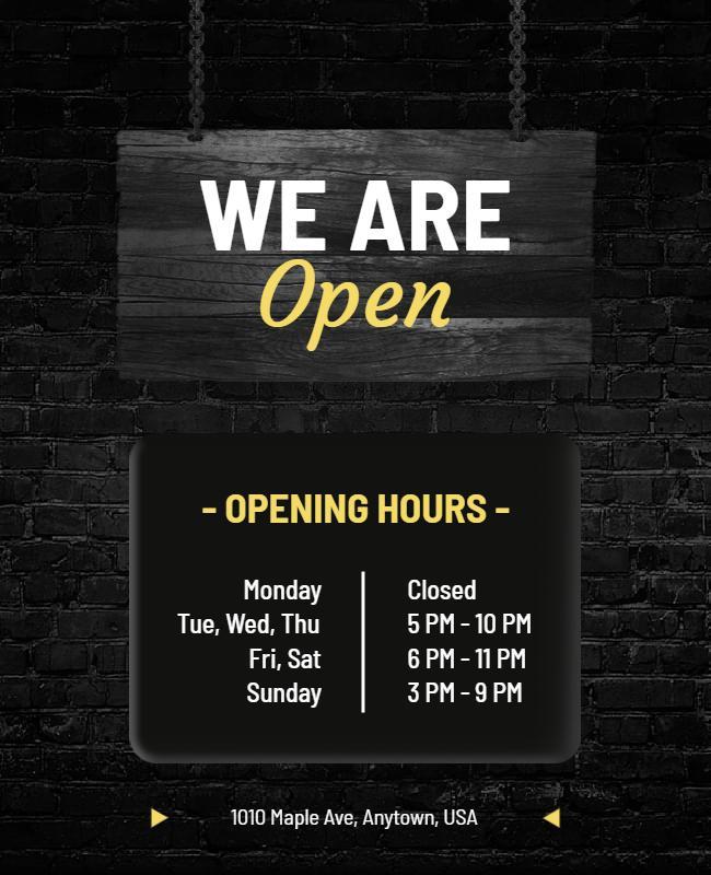 Bold Black Business Open Hours Announcement Flyer Template