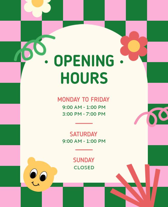 Playful Green and Pink Opening Hours Information Flyer Template