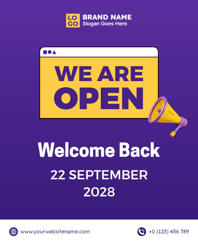 Vibrant Purple Welcome Back Business Opening Flyer Template