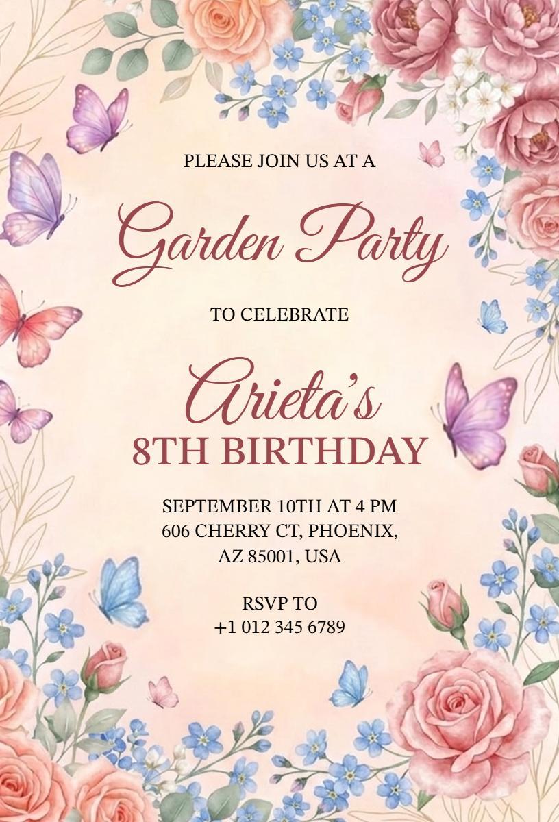 Butterfly Garden Party 8th Birthday Celebration Invitation Template