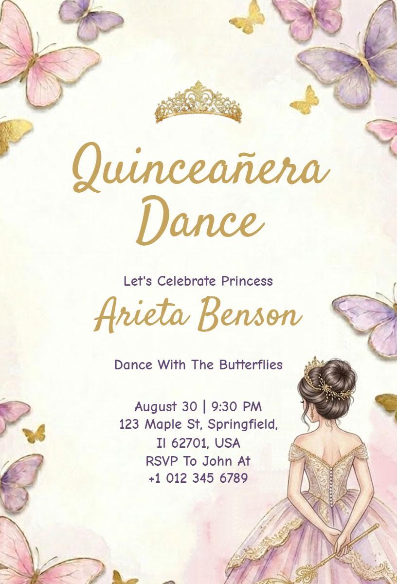 Butterfly Theme Elegant Quinceanera Dance Invitation Template