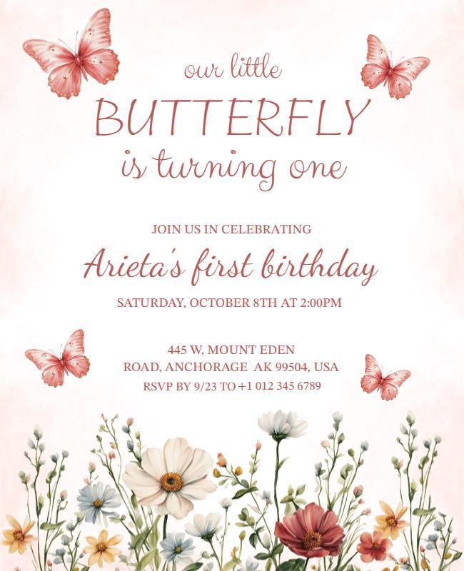 Charming Butterfly-Themed First Birthday Celebration Flyer Template