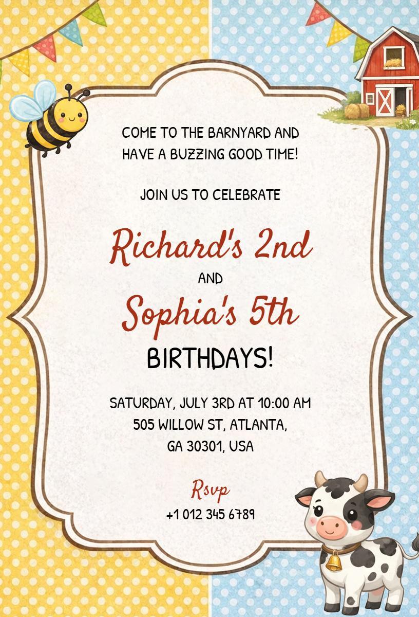 Buzzing Barnyard Fun Birthday Celebration Invitation Template
