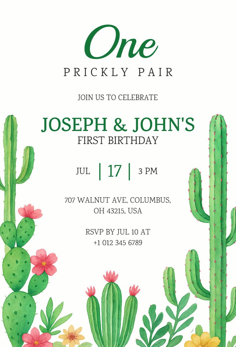 Cactus Themed Twin Boys First Birthday Celebration Invitation Template
