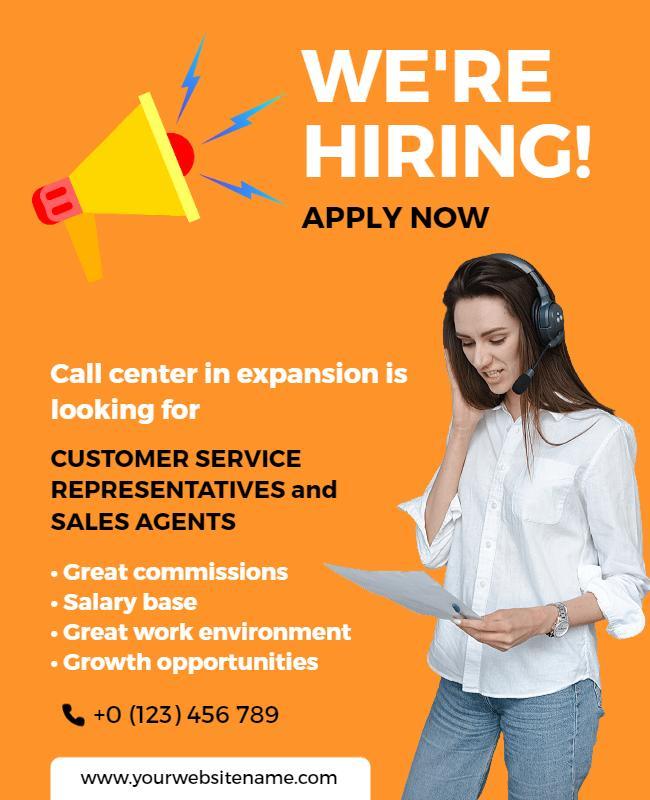 Bright Orange Recruitment Call Center Job Opportunity Flyer Template