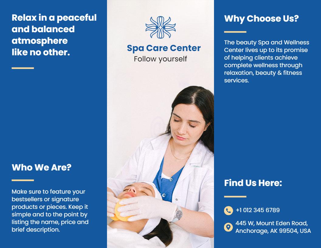 Calming Blue Spa Care Center Wellness and Relaxation Brochure Template