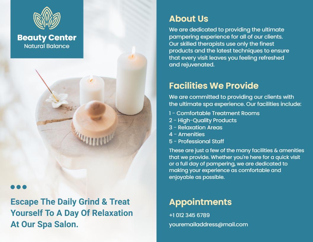 Calming Blue Spa Experience and Relaxation Services Brochure Template