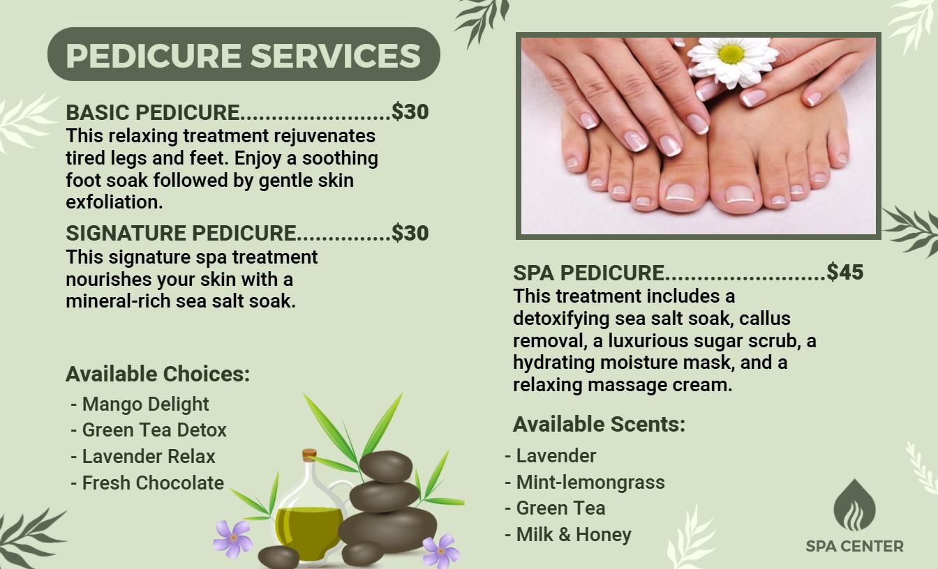 Calming Green Floral Pedicure Services List Menu Template