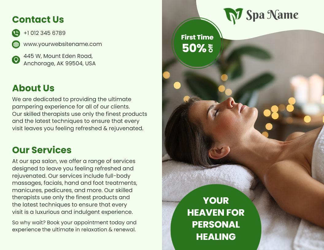 Calming Green Spa Wellness and Healing Services Brochure Template