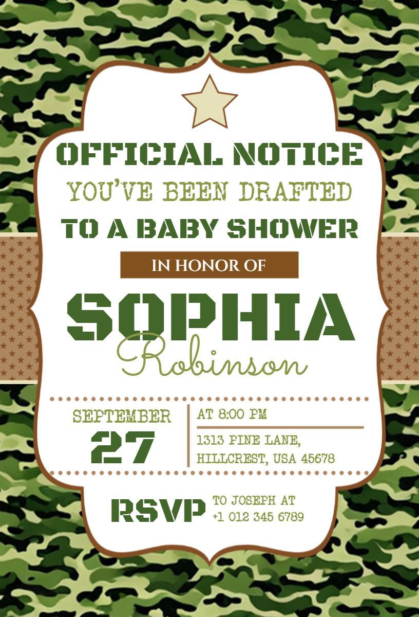 Camo-Themed Baby Shower Drafted Celebration Invitation Template