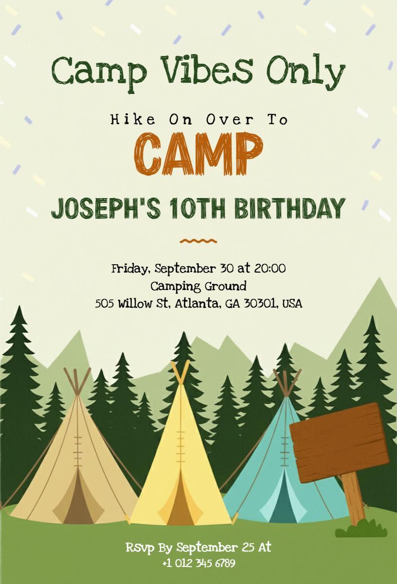 Campfire Adventure Joseph's 10th Birthday Camping Invitation Template