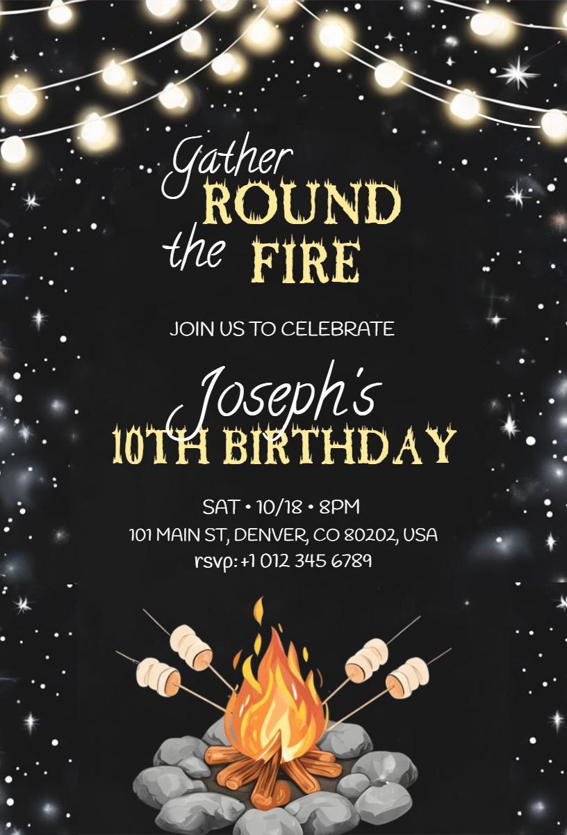Campfire Gathering Cool 10th Birthday Celebration Invitation Template