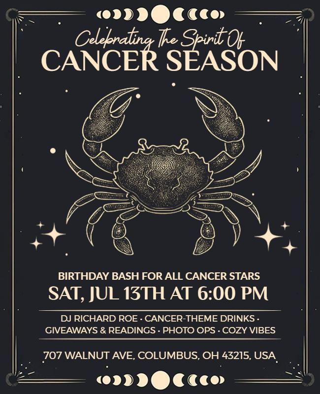 Cancer Season Zodiac Birthday Celebration Flyer Template