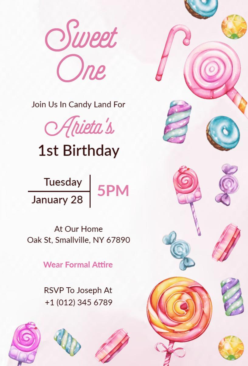 Candy Land Sweet Theme 1st Birthday Invitation Template