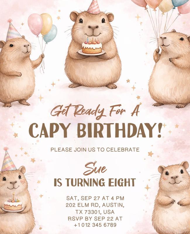 Capybara Themed Kid's Birthday Invitation Flyer Template