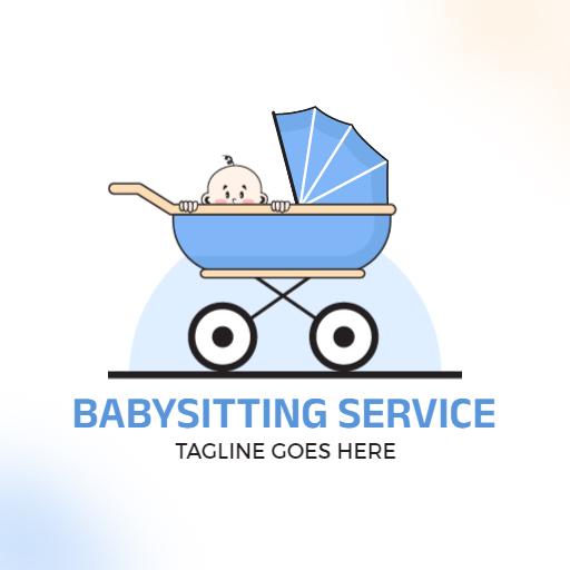 Caring Baby in Light Blue Stroller Represents Babysitting Logo Template