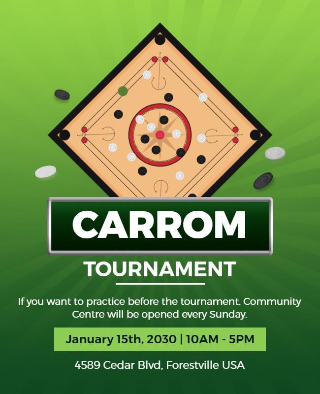 Vibrant Green Carrom Tournament Gaming Event Flyer Template