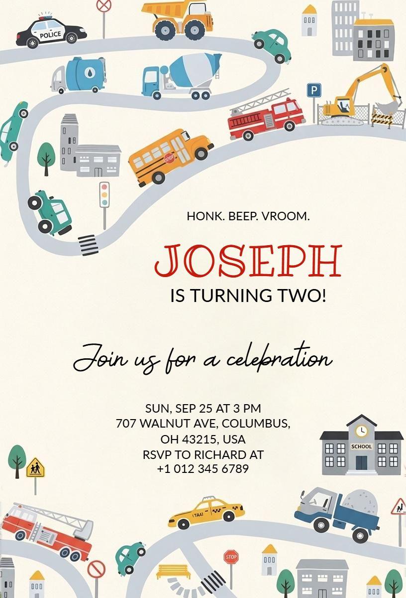 Cars and Trucks Birthday Party Invitation Template