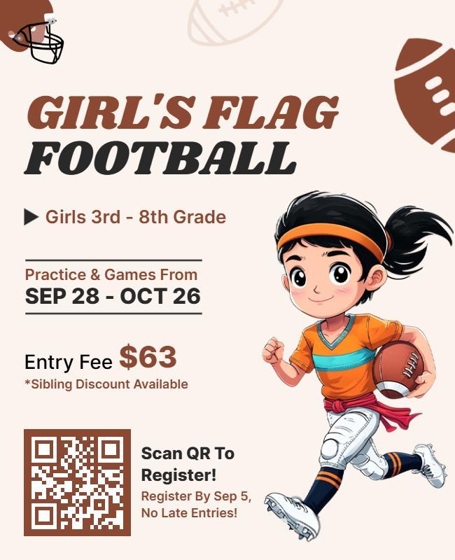 Cartoon Girl's Flag Football Event Flyer Template