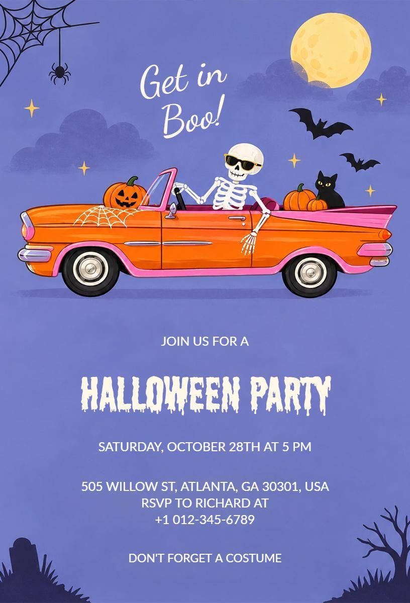 Cartoon Skeleton in Car Halloween Party Invitation Template