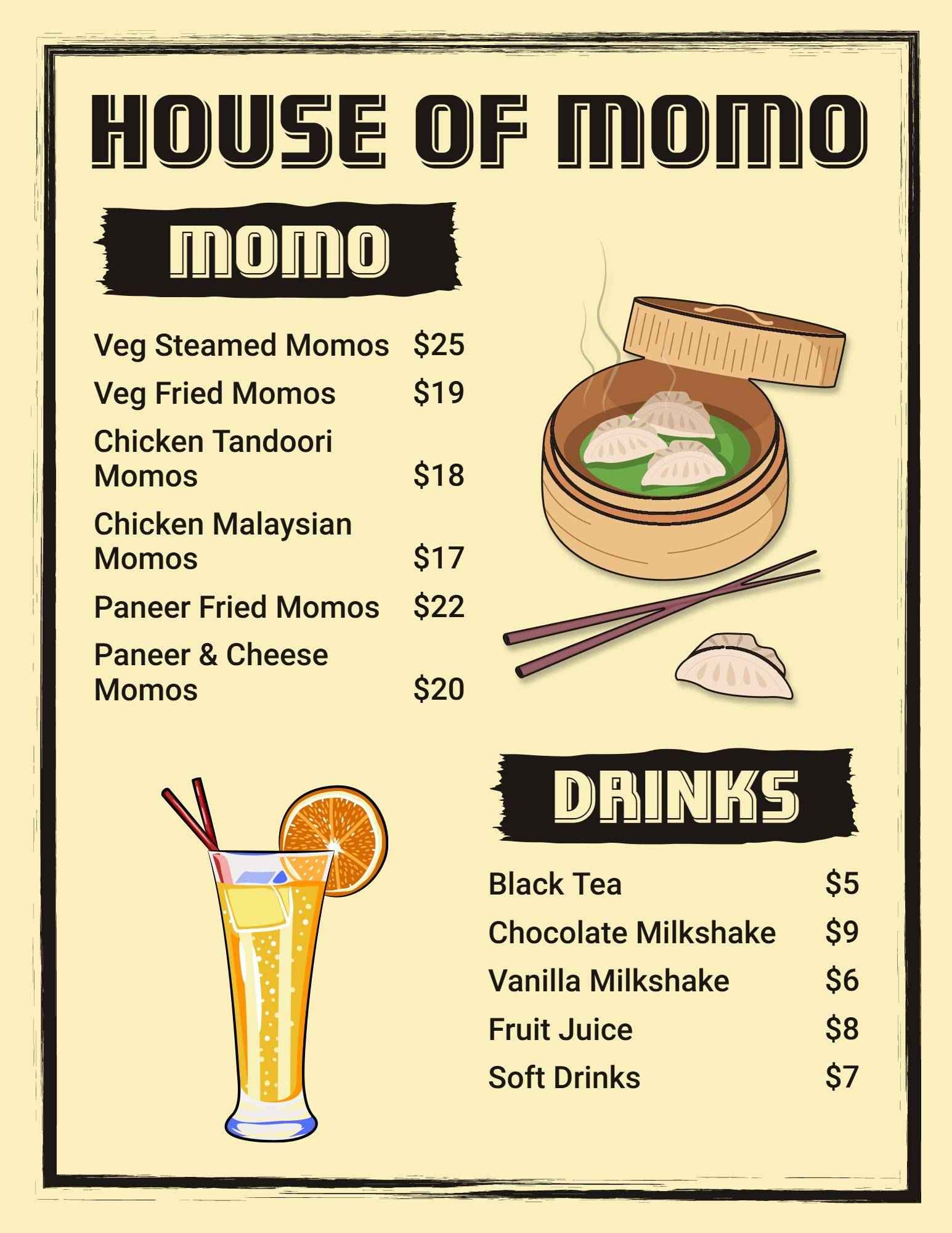 Cartoon Style Momo and Refreshing Drinks Menu Template