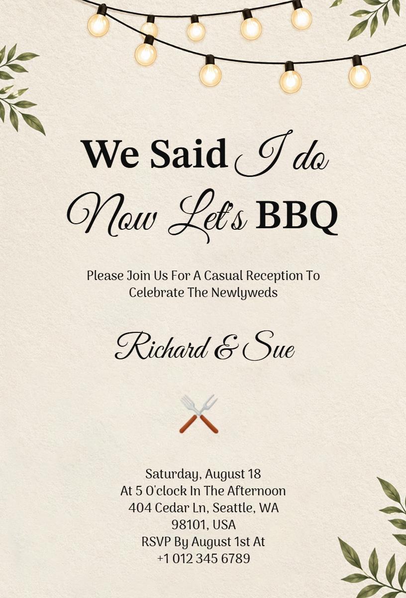 Casual BBQ Wedding Reception Celebration Invitation Template