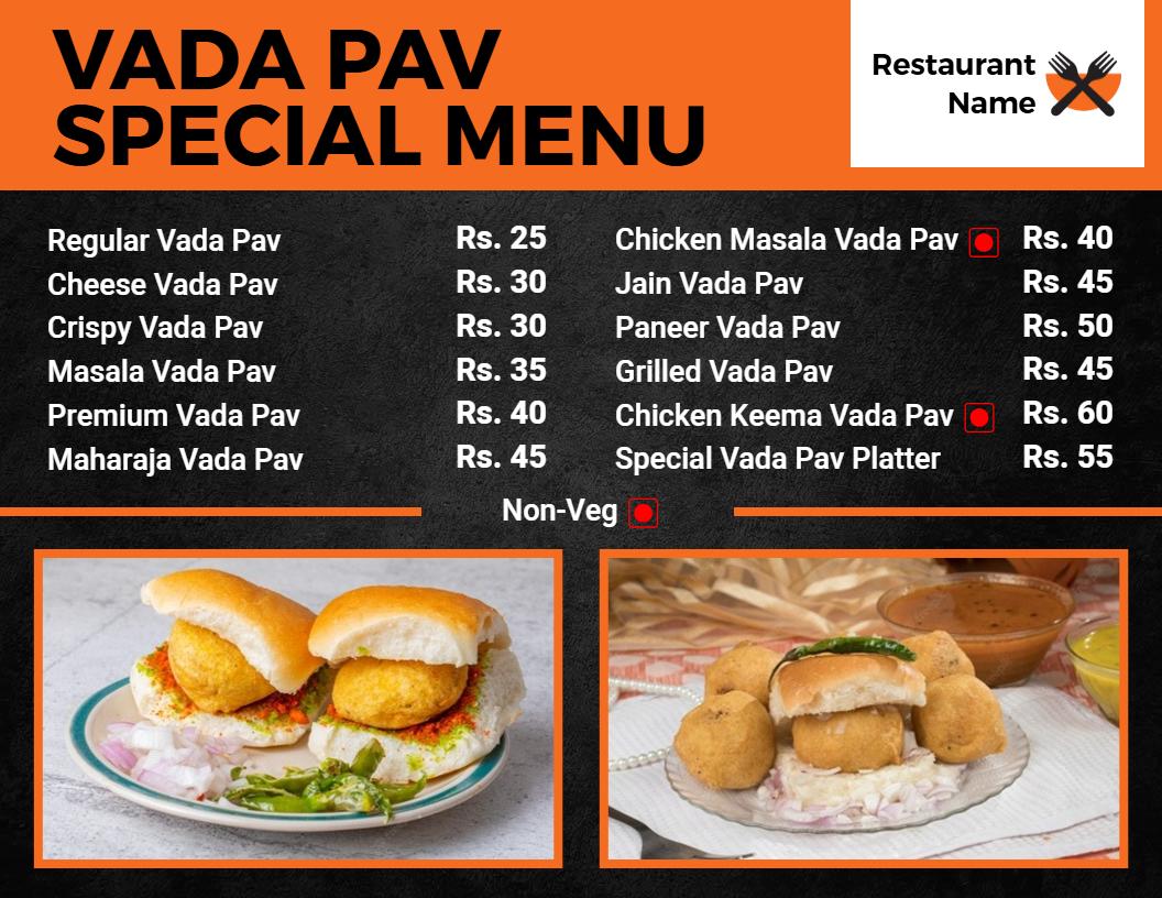 Casual Black and Orange Vada Pav Menu Template