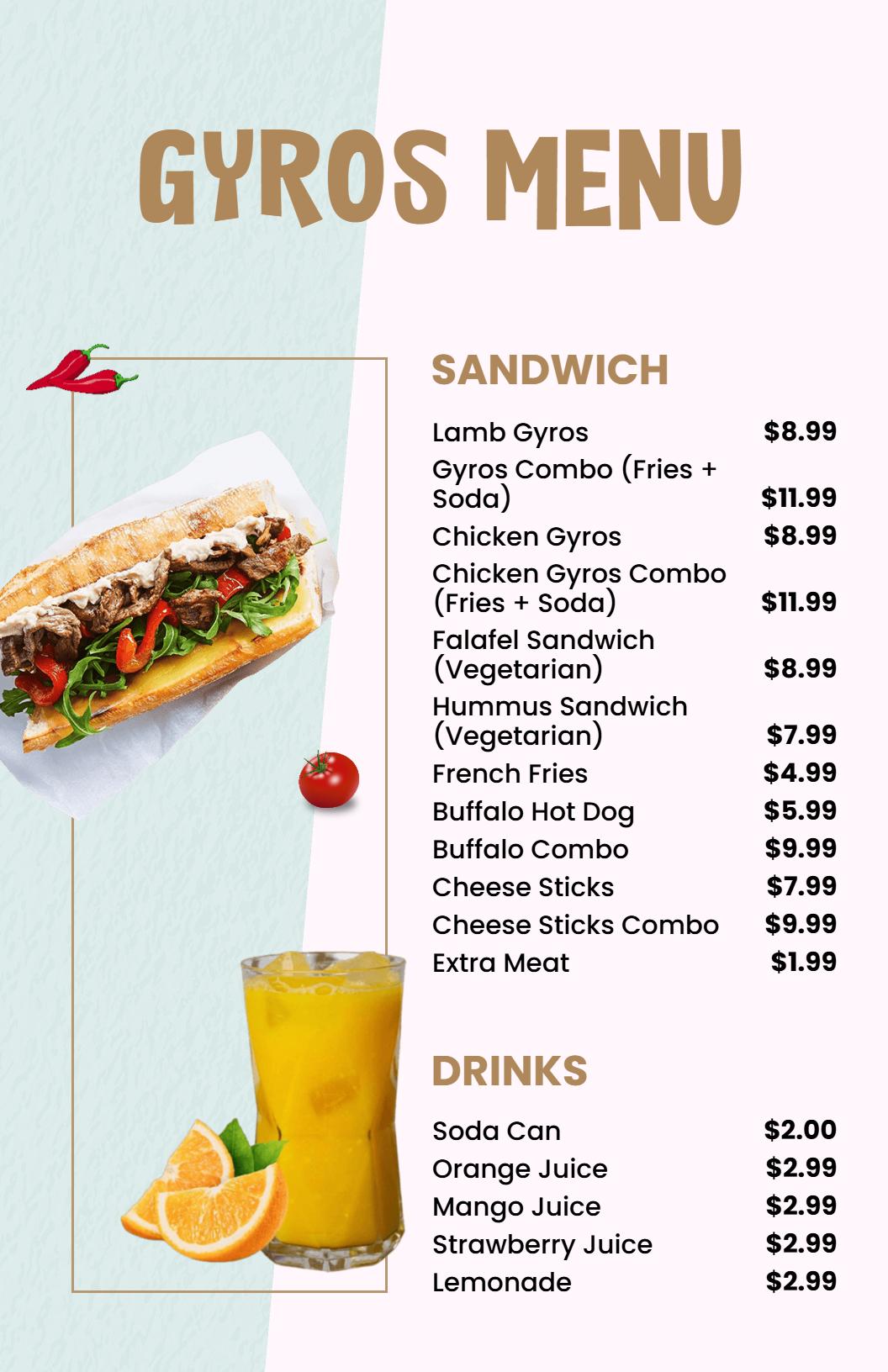 Casual Colorful Gyros and Sandwiches Menu Template