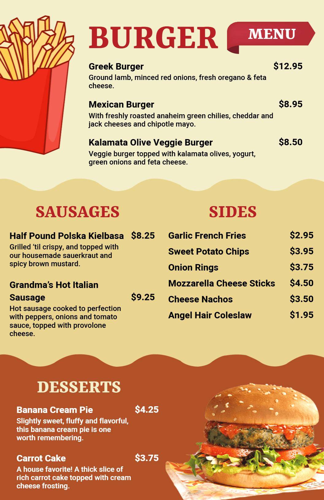 Casual Dining Burger and Sides Menu Template
