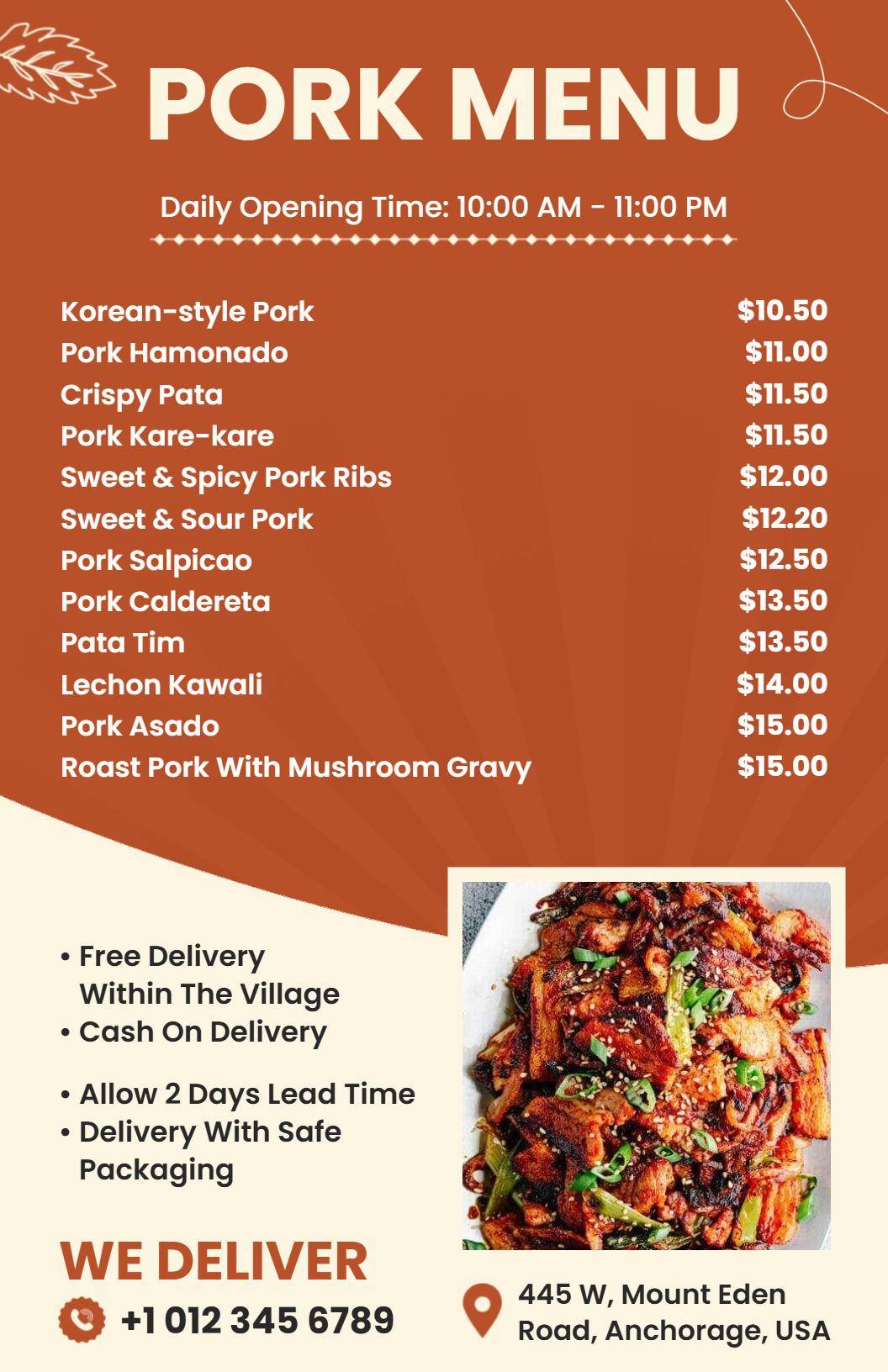 Casual Dining Pork Menu Template