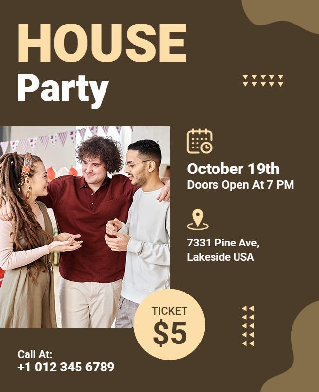 Modern Brown House Party Social Gathering Flyer Template