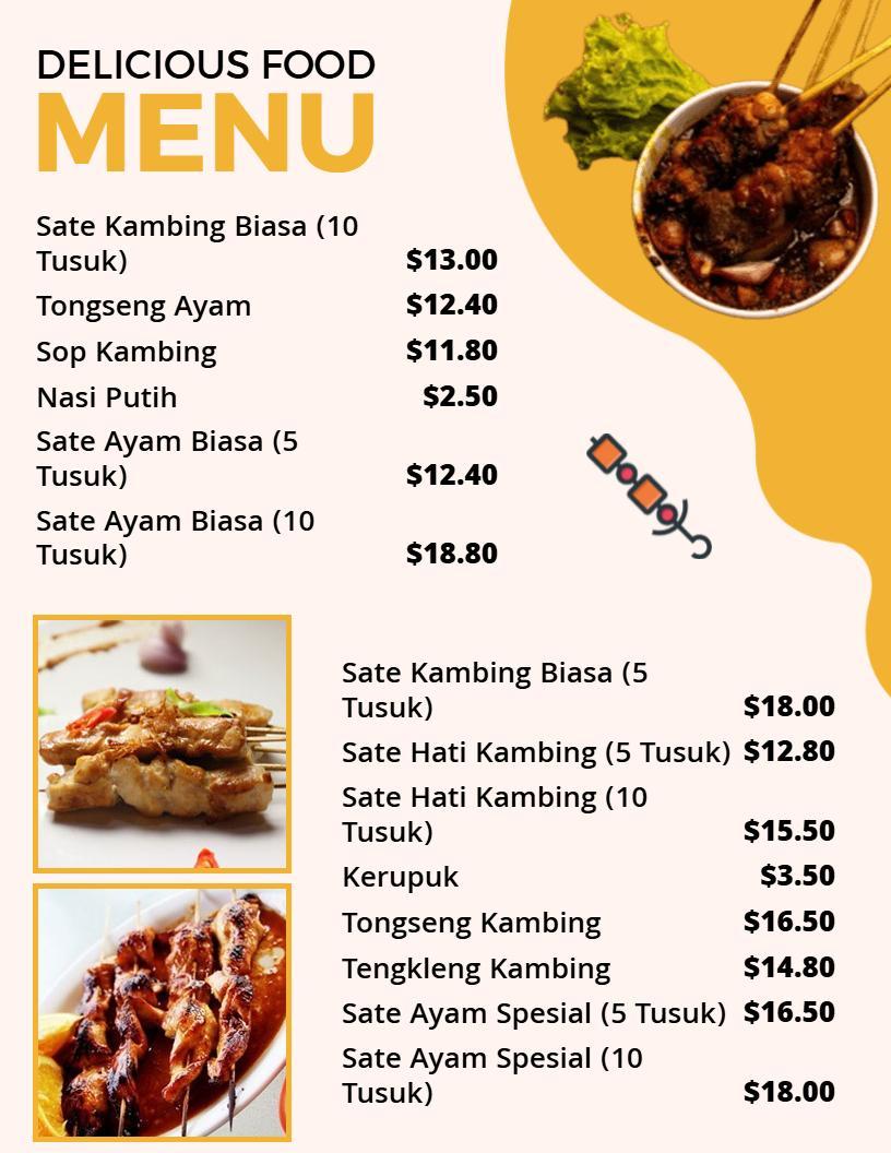 Casual Indonesian Sate Skewers Restaurant Menu Template