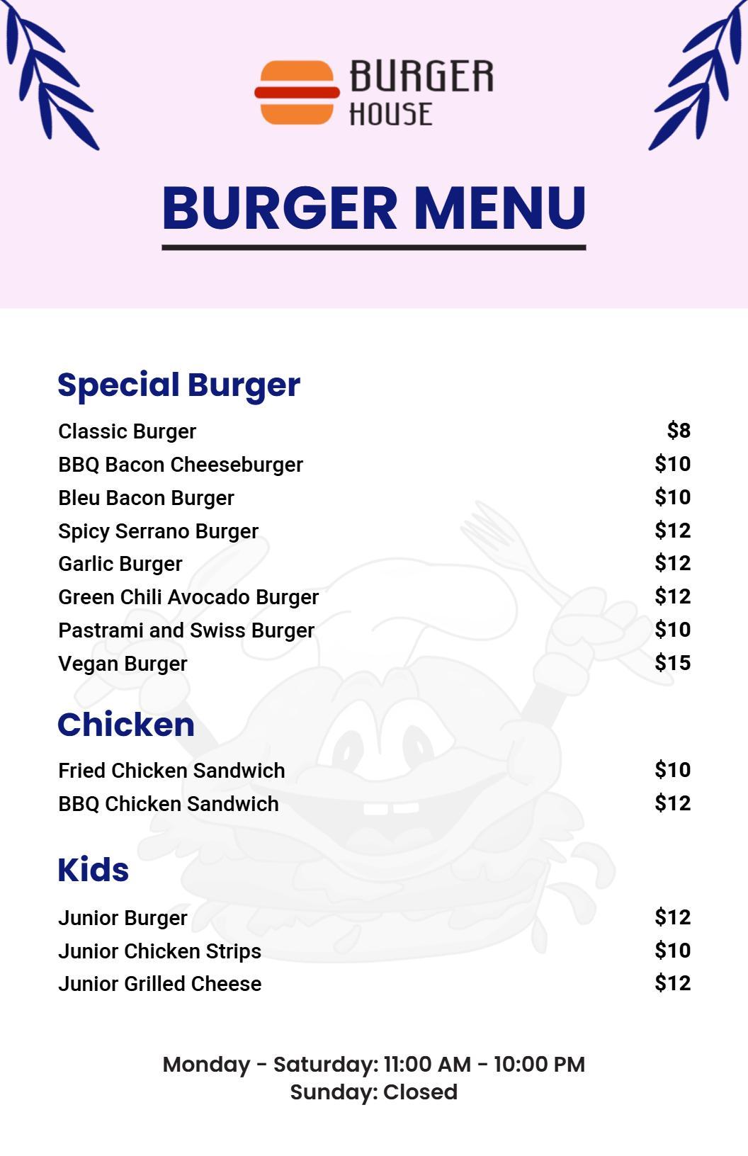 Casual Purple and White Family Burger Menu Template