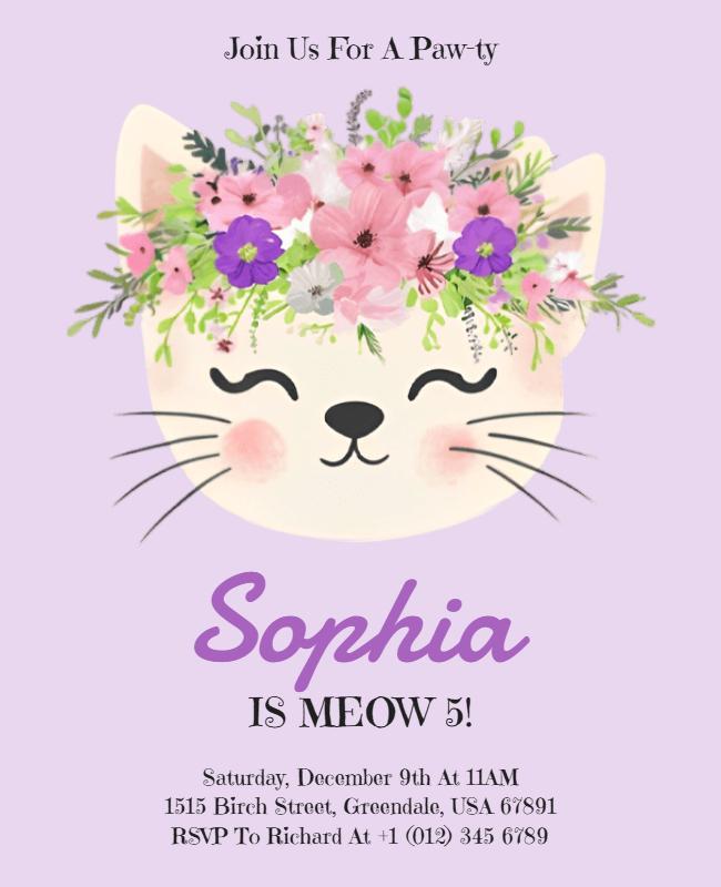 Cat Themed Birthday Party Invitation Flyer Template