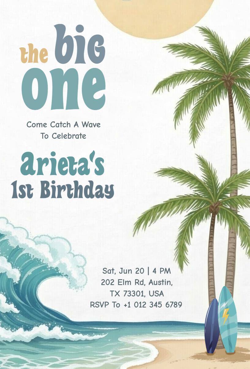 Catch a Wave Tropical Beach 1st Birthday Invitation Template