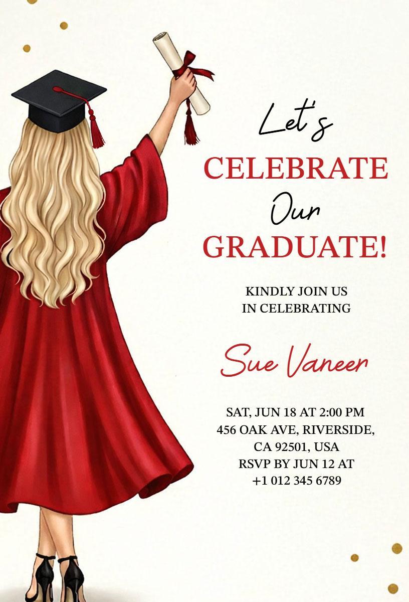 Celebrate Our Graduate Red Cap and Gown Graduation Invitation Template