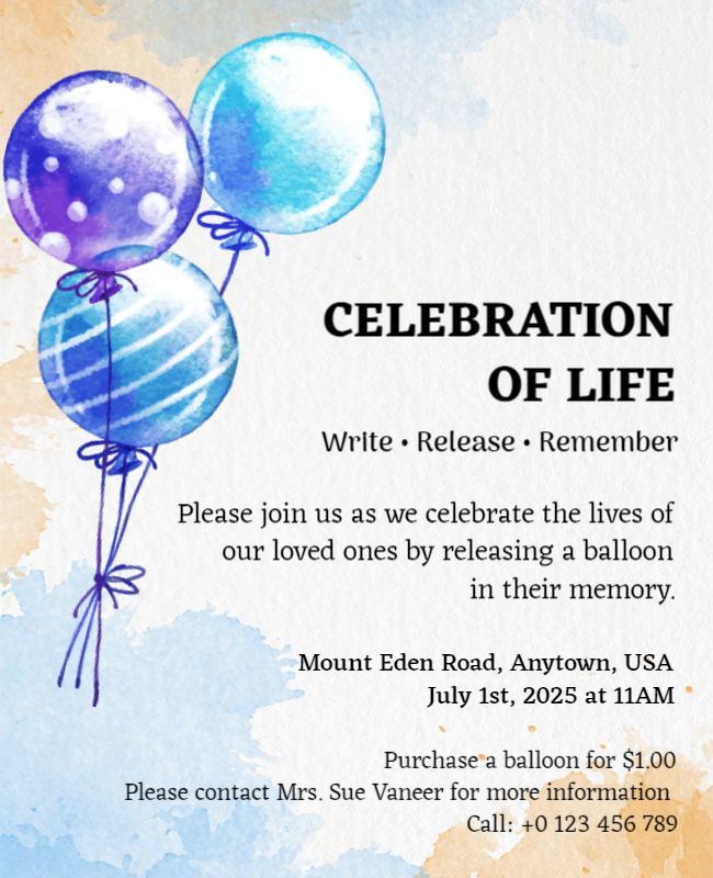 Celebration Of Life Memorial Balloon Release Flyer Template