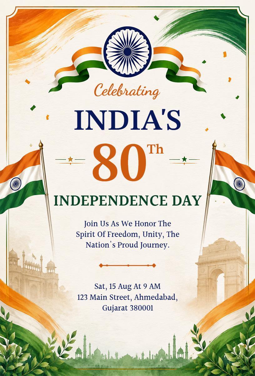 Celebratory 80th Independence Day India Celebration Invitation Template